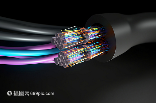 信息时代的神经脉络 黑色背景上的光纤电缆